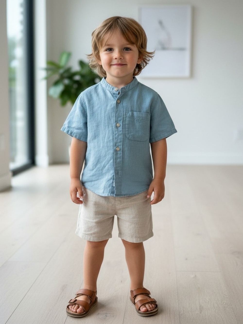 Zara Kids Light Blue toddler linen Short Sleeve Button-Down Shirt